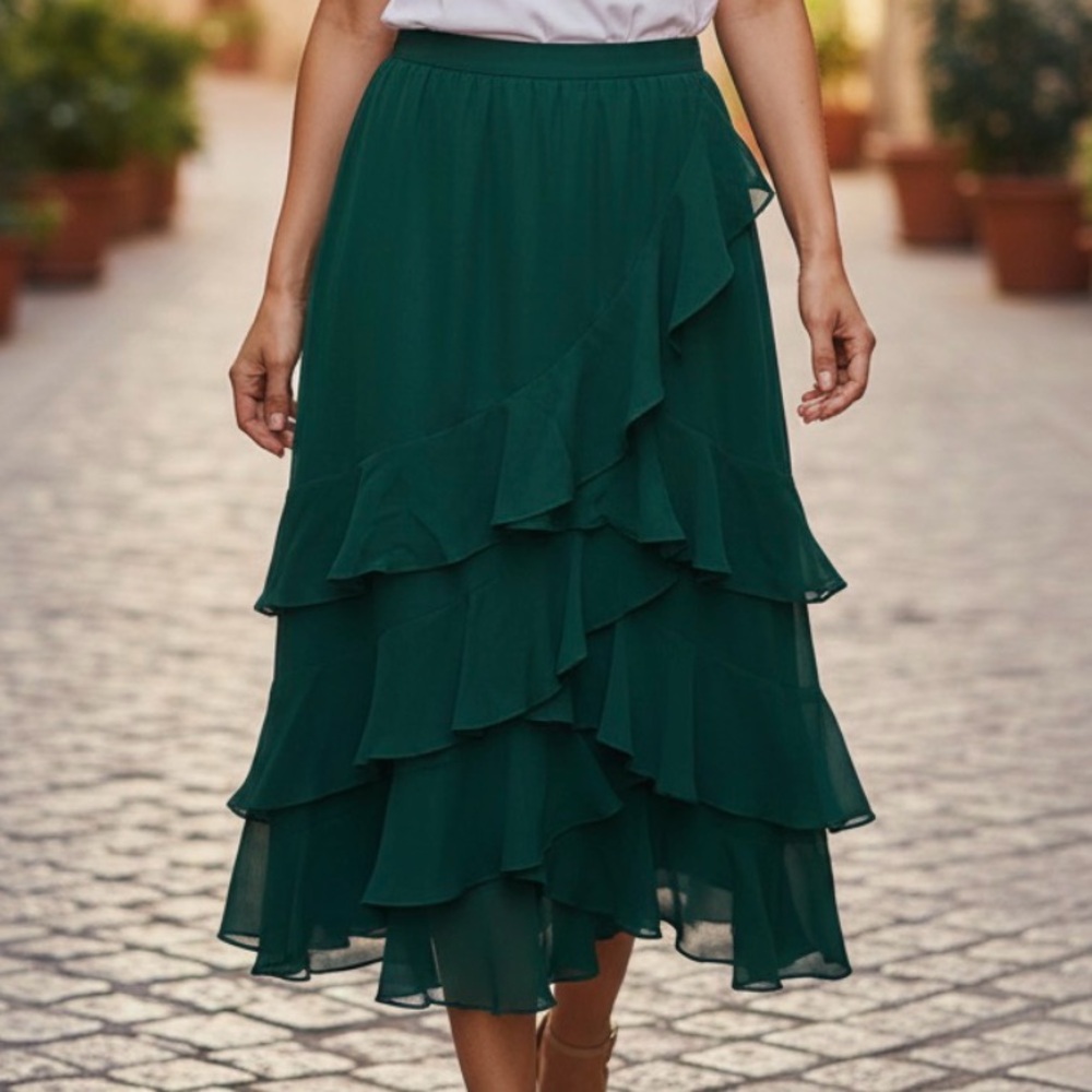 Bloomingdale's Teal Silk Ruffle Skirt